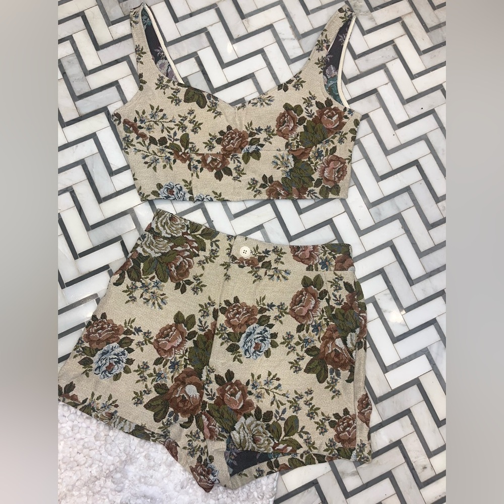 Cider Floral Women Shorts Set - Cream and Brown